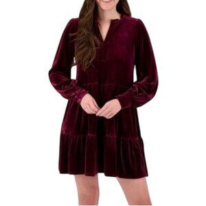 1. State Burgundy Velvet Ruffled Balloon Sleeve Tiered Dress Holiday Size L